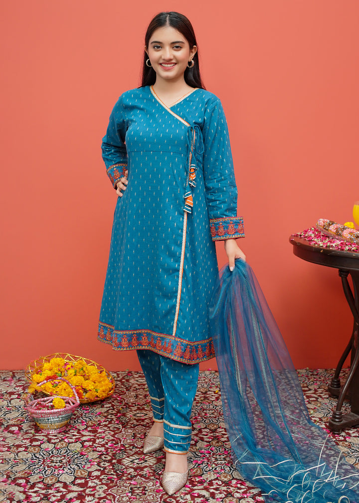 Blue Cotton Embroidered 3 Piece Suit