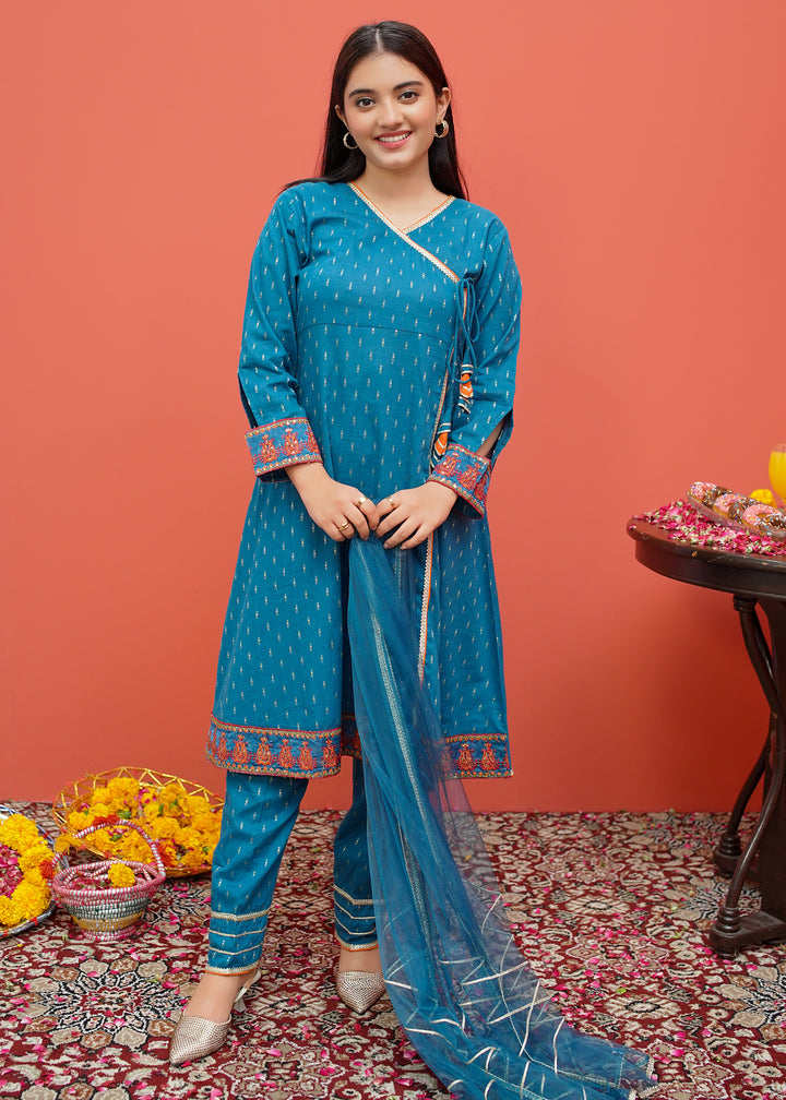 Blue Cotton Embroidered 3 Piece Suit