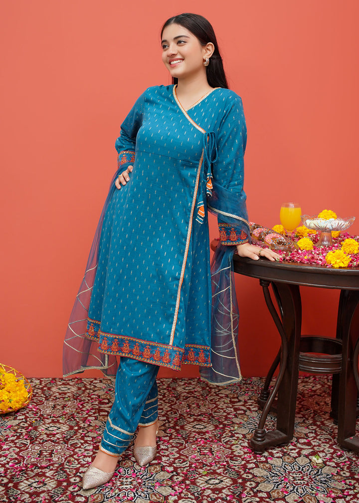 Blue Cotton Embroidered 3 Piece Suit