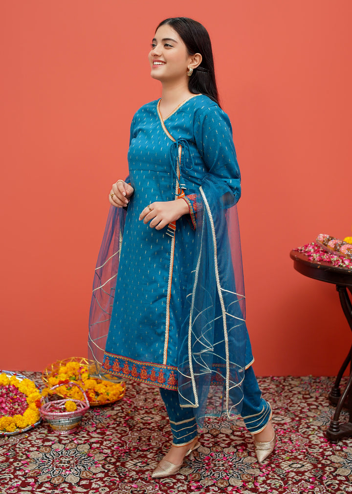 Blue Cotton Embroidered 3 Piece Suit