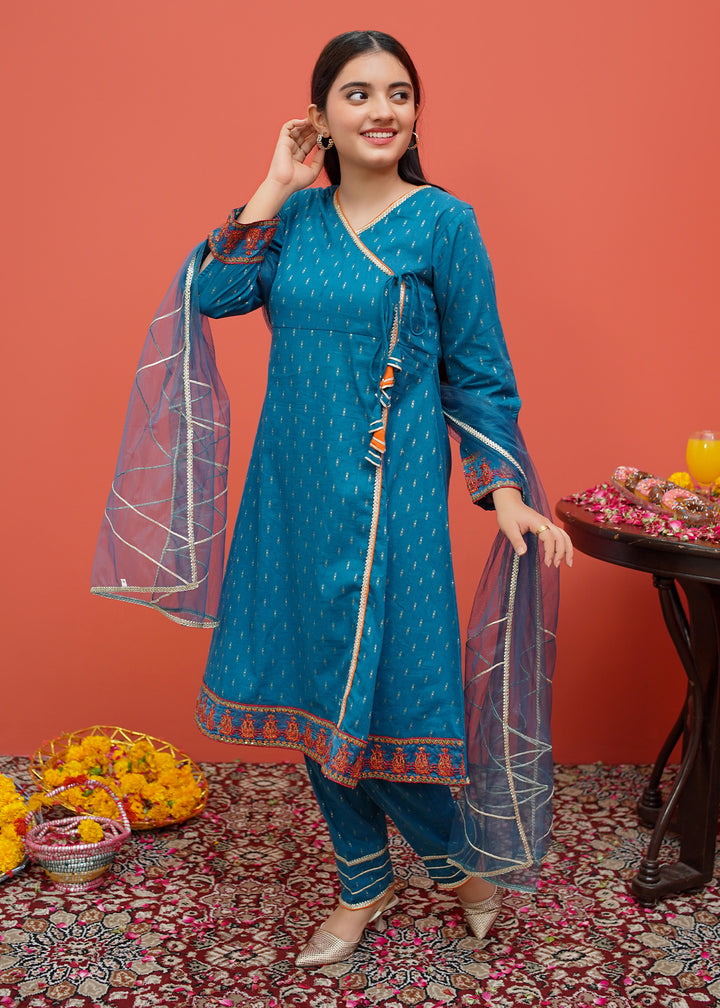 Blue Cotton Embroidered 3 Piece Suit