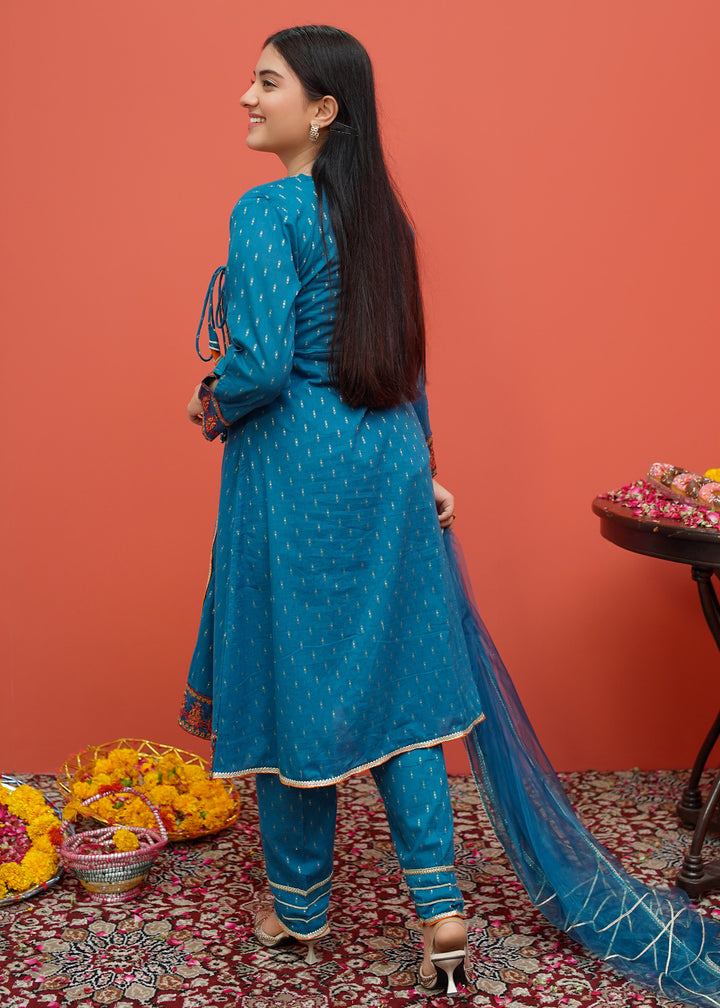 Blue Cotton Embroidered 3 Piece Suit