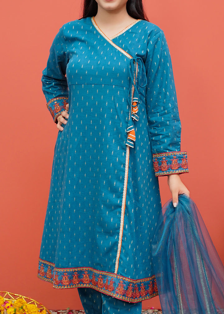 Blue Cotton Embroidered 3 Piece Suit