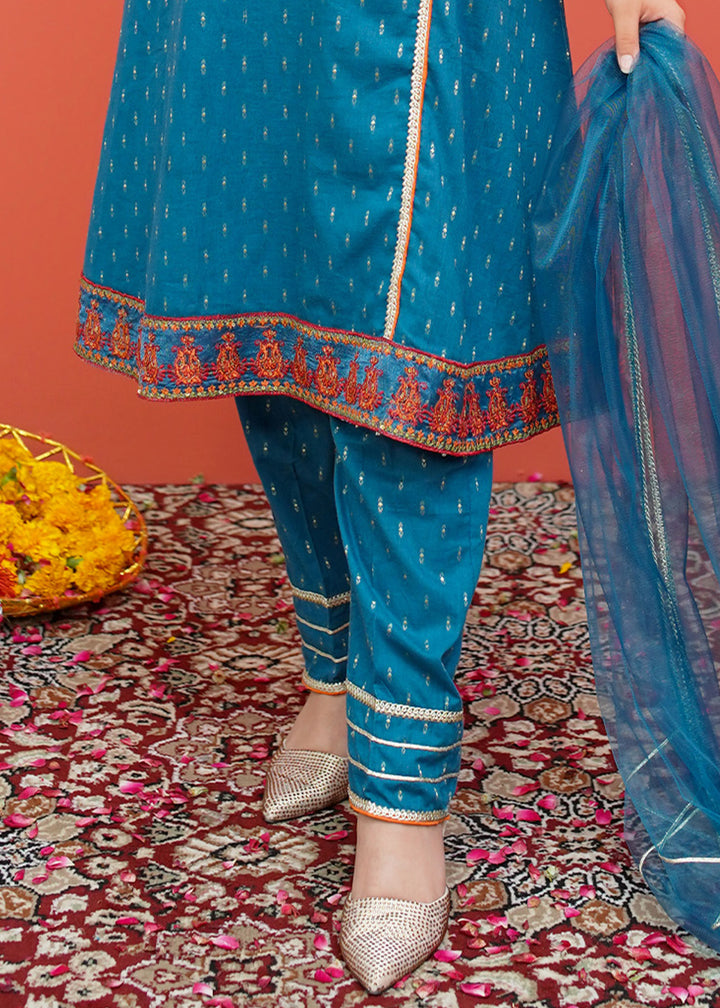 Blue Cotton Embroidered 3 Piece Suit