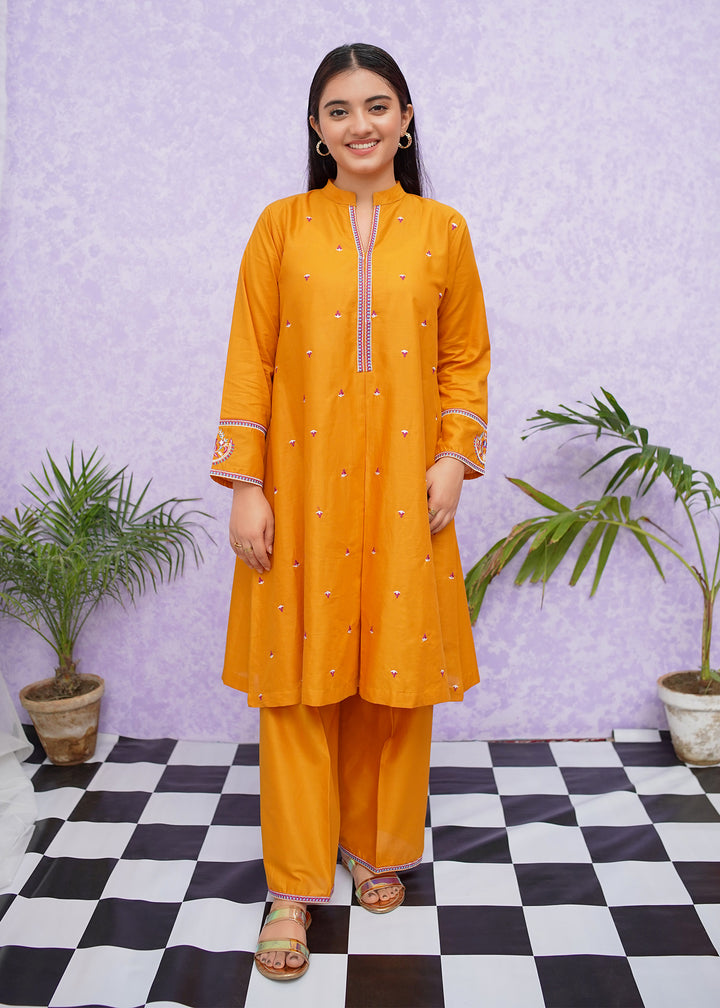 Girls Mustard Cotton Embroidered