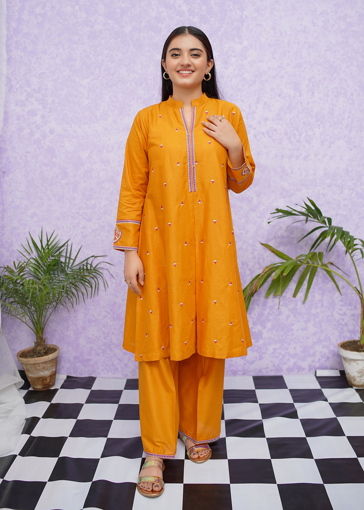 Girls Mustard Cotton Embroidered