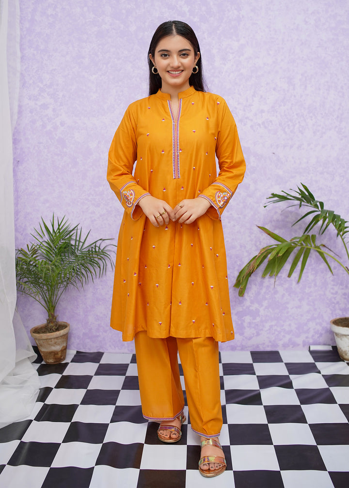 Girls Mustard Cotton Embroidered