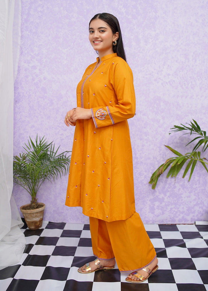 Girls Mustard Cotton Embroidered