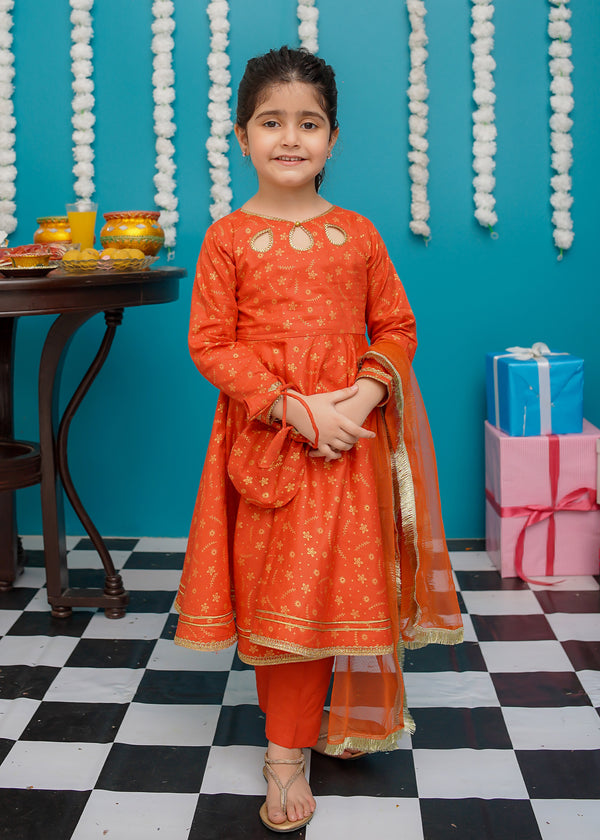 Cotton 3 Piece Orange Frock | 9220