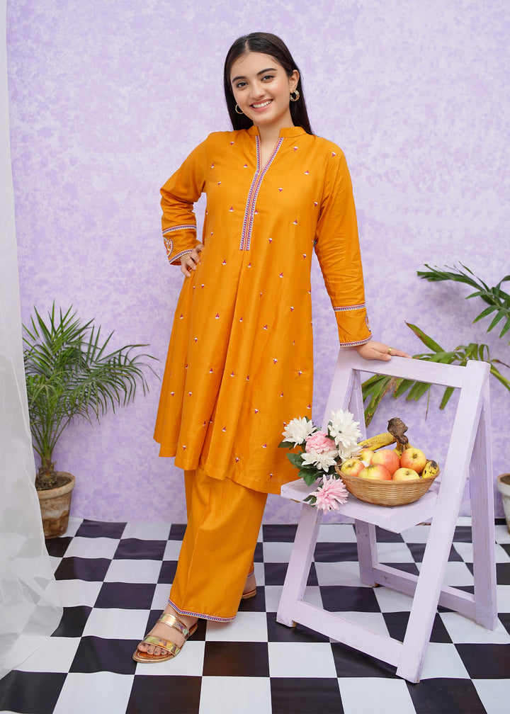 Girls Mustard Cotton Embroidered