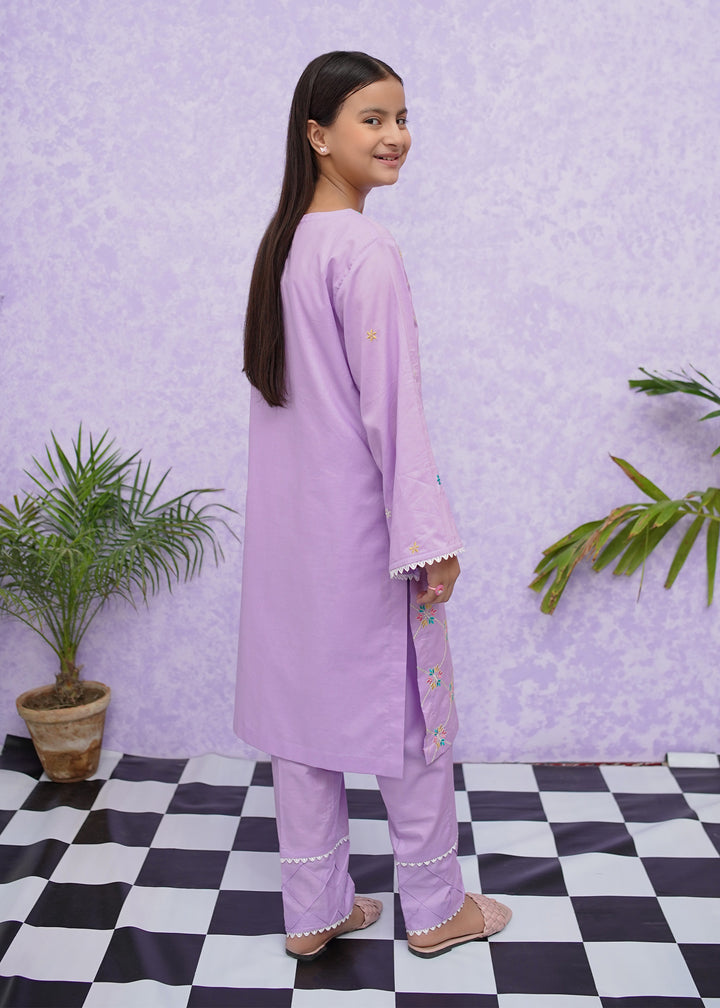 Girls Purple Cotton Embroidered