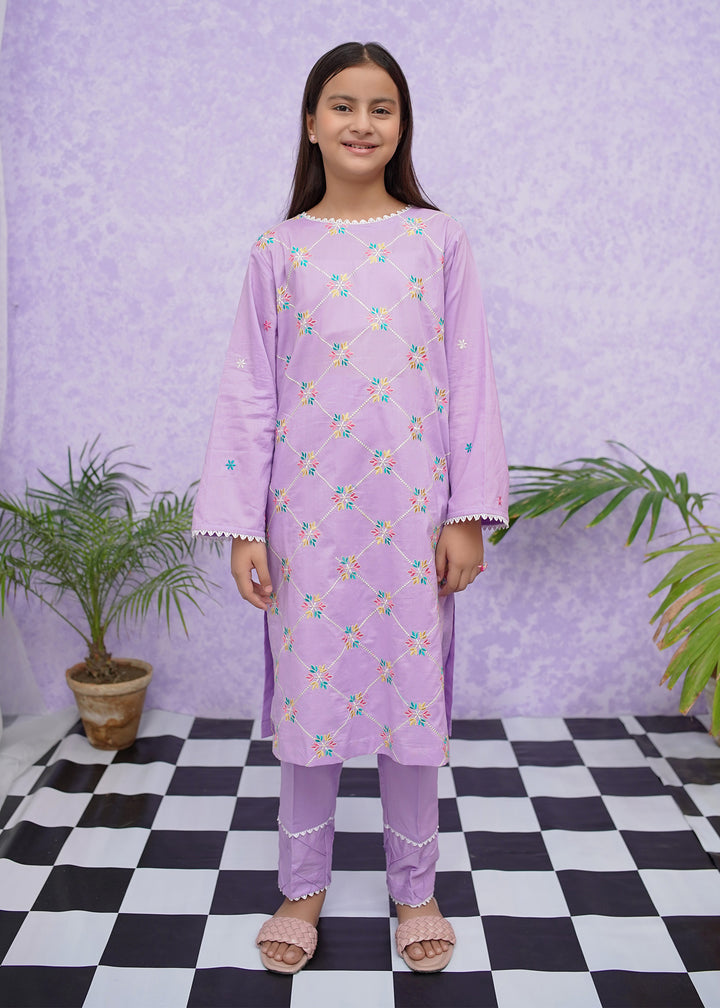 Girls Purple Cotton Embroidered