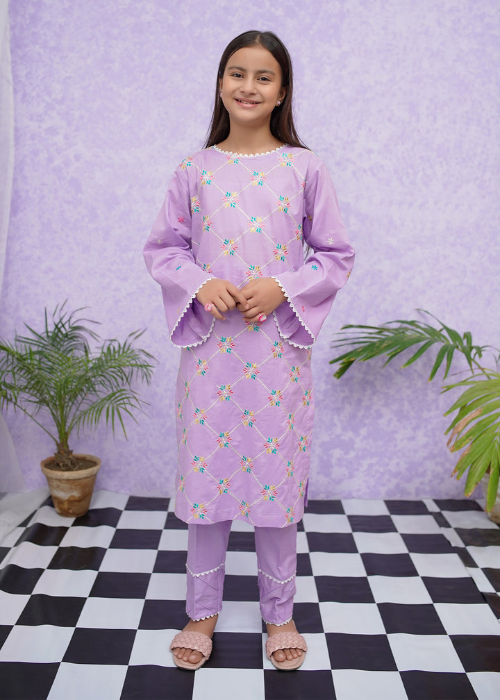 Girls Purple Cotton Embroidered