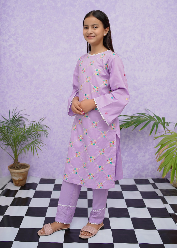 Girls Purple Cotton Embroidered