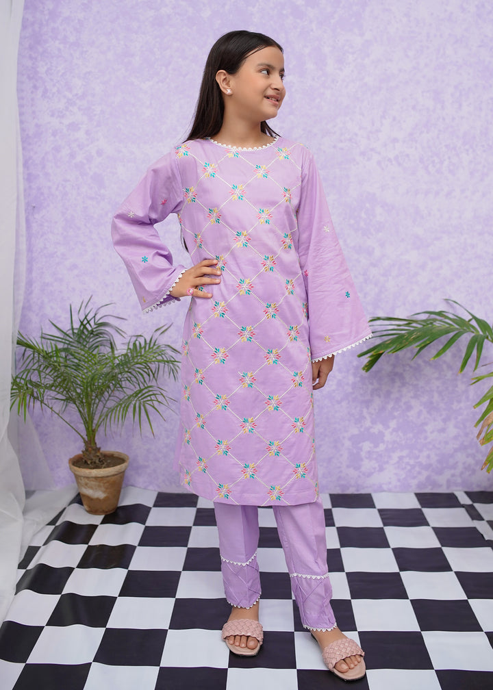 Girls Purple Cotton Embroidered