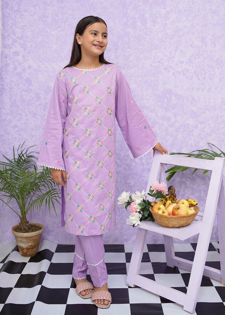 Girls Purple Cotton Embroidered