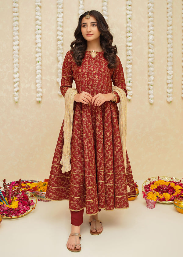 Rawsilk 3 Piece Maroon Frock | 8915